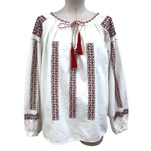 Celine Blouse Shirt Womens Medium White Red Embroidered Long Sleeve Cotton